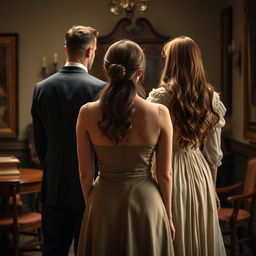 A woman positioned at the front, elegantly choosing between the back of a man in a tailored suit and the back of a long-haired woman in a flowing vintage dress