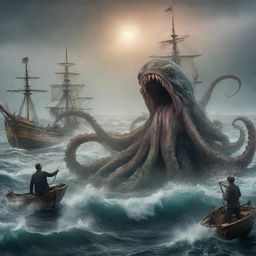 Modify the image to represent an unexpected scene. The Kraken, instead of being a threat, is gently offering a bounty of fish to the astonished sailor. The atmosphere suddenly shifts from fear to surprise and relief.