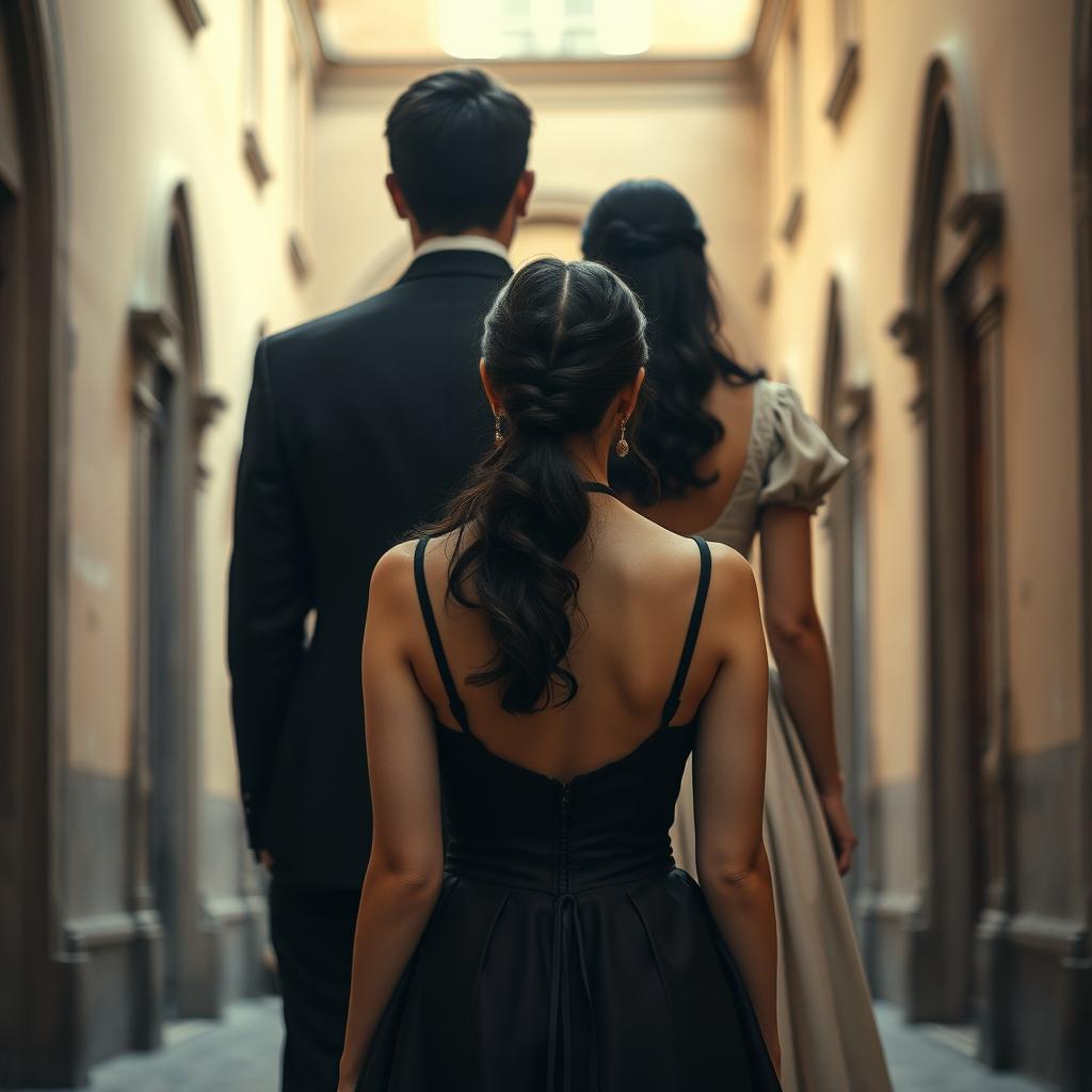 A woman positioned at the front, elegantly choosing between the back of a man in a tailored suit and the back of a long black-haired woman in a flowing vintage dress