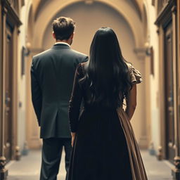 A woman positioned at the front, elegantly choosing between the back of a man in a tailored suit and the back of a long black-haired woman in a flowing vintage dress