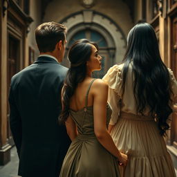 A woman positioned at the front, elegantly choosing between the back of a man in a tailored suit and the back of a long black-haired woman in a flowing vintage dress