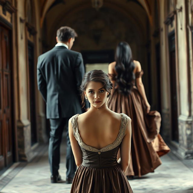 A woman positioned at the front, elegantly choosing between the back of a man in a tailored suit and the back of a long black-haired woman in a flowing vintage dress