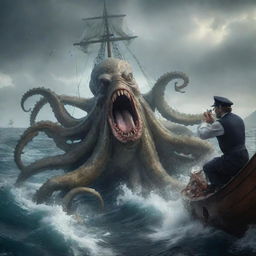 Modify the image to represent an unexpected scene. The Kraken, instead of being a threat, is gently offering a bounty of fish to the astonished sailor. The atmosphere suddenly shifts from fear to surprise and relief.