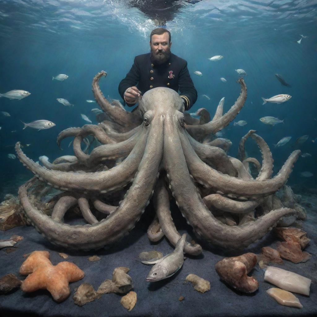 Modify the scene further to display the Kraken tenderly passing a mass of fish to the sailor. Both exhibit joy – the sailor, reflecting gratitude and delight, the Kraken, mirroring satisfaction in its friendly gesture.