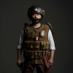 A Hollywood-style kidnapper commander dressed in traditional Chinese attire accessorized with a bullet-proof vest, creating a striking contrast between cultural heritage and threat.