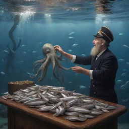 Modify the scene further to display the Kraken tenderly passing a mass of fish to the sailor. Both exhibit joy – the sailor, reflecting gratitude and delight, the Kraken, mirroring satisfaction in its friendly gesture.