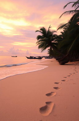 A serene beach scene capturing the beauty of Aceh's coastline, with soft, golden sand stretching towards the horizon