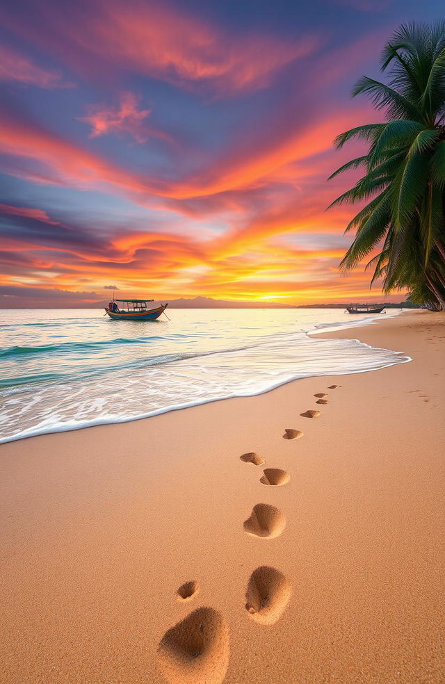 A serene beach scene capturing the beauty of Aceh's coastline, with soft, golden sand stretching towards the horizon