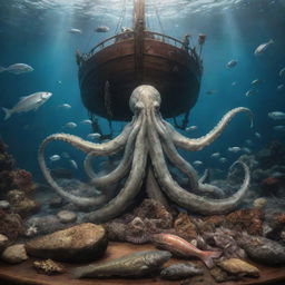 Modify the scene further to display the Kraken tenderly passing a mass of fish to the sailor. Both exhibit joy – the sailor, reflecting gratitude and delight, the Kraken, mirroring satisfaction in its friendly gesture.