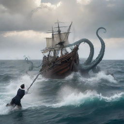 Modify the image to depict a touching farewell scene. The sailor is seen freeing the Kraken from a trap. Once free, the Kraken joyfully swims into the distance, leaving a trail of bubbles.