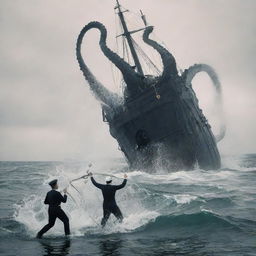 Modify the image to depict a touching farewell scene. The sailor is seen freeing the Kraken from a trap. Once free, the Kraken joyfully swims into the distance, leaving a trail of bubbles.