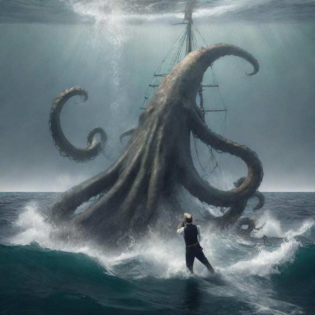 Modify the image to depict a touching farewell scene. The sailor is seen freeing the Kraken from a trap. Once free, the Kraken joyfully swims into the distance, leaving a trail of bubbles.