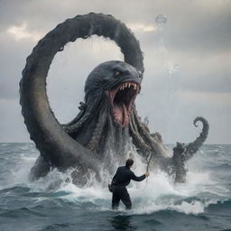 Modify the image to depict a touching farewell scene. The sailor is seen freeing the Kraken from a trap. Once free, the Kraken joyfully swims into the distance, leaving a trail of bubbles.