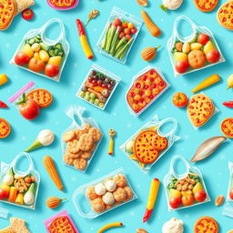 A vibrant and colorful pattern featuring various frozen food items, including bags of frozen vegetables, fruits, and ready-to-eat meals