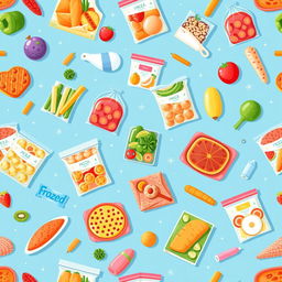 A vibrant and colorful pattern featuring various frozen food items, including bags of frozen vegetables, fruits, and ready-to-eat meals
