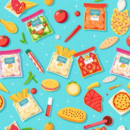 A vibrant and colorful pattern featuring various frozen food items, including bags of frozen vegetables, fruits, and ready-to-eat meals