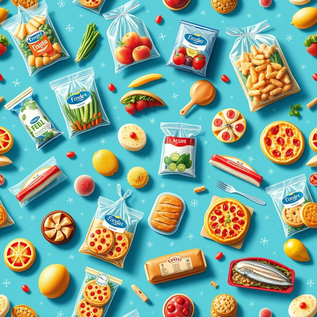 A vibrant and colorful pattern featuring various frozen food items, including bags of frozen vegetables, fruits, and ready-to-eat meals