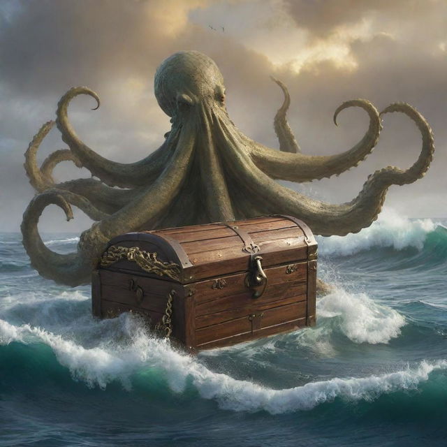 Alter the image to show the Kraken expressing gratitude by giving the sailor a treasure chest full of gold. The sailor stands in awe of this rewarding gift, with a backdrop of the Kraken disappearing into the deep waves.