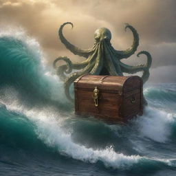 Alter the image to show the Kraken expressing gratitude by giving the sailor a treasure chest full of gold. The sailor stands in awe of this rewarding gift, with a backdrop of the Kraken disappearing into the deep waves.