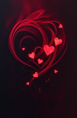 An abstract representation of deep dark love, featuring swirling shadows and deep crimson hues that blend together