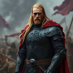 A medieval commander standing confidently in matte black armor, adorned with intricate details
