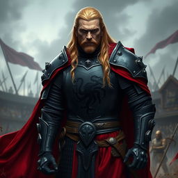 A medieval commander standing confidently in matte black armor, adorned with intricate details