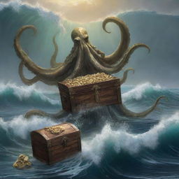 Alter the image to show the Kraken expressing gratitude by giving the sailor a treasure chest full of gold. The sailor stands in awe of this rewarding gift, with a backdrop of the Kraken disappearing into the deep waves.