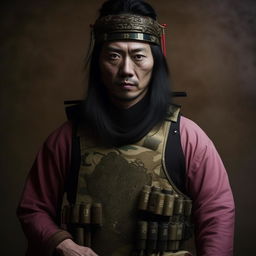 A Hollywood-style kidnapper commander dressed in traditional Chinese attire accessorized with a bullet-proof vest, creating a striking contrast between cultural heritage and threat.