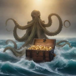 Alter the image to show the Kraken expressing gratitude by giving the sailor a treasure chest full of gold. The sailor stands in awe of this rewarding gift, with a backdrop of the Kraken disappearing into the deep waves.