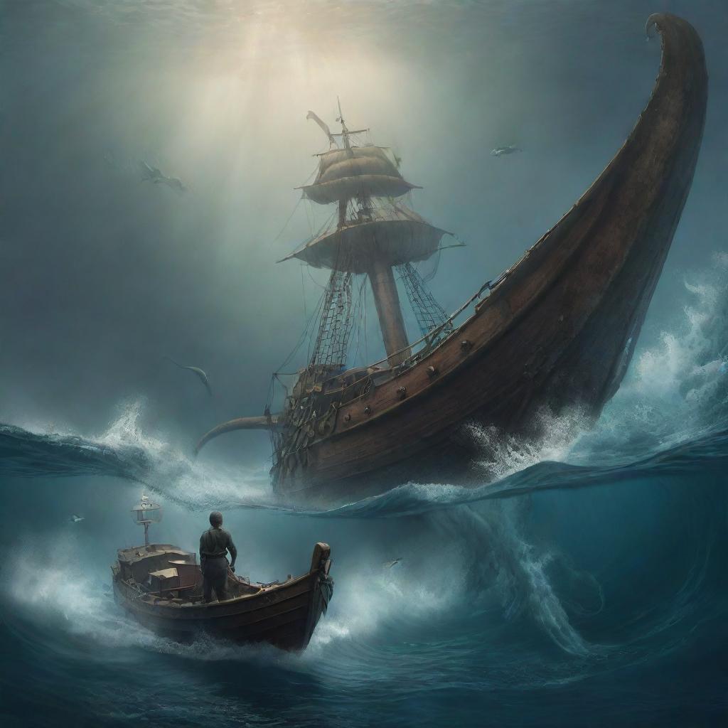 Amend the image to exhibit the Kraken majestically diving back into the deep sea after its encounter with the sailor. The sailor is seen on his boat, watching the creature disappear into the azure depths, leaving a sense of tranquility.