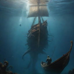 Amend the image to exhibit the Kraken majestically diving back into the deep sea after its encounter with the sailor. The sailor is seen on his boat, watching the creature disappear into the azure depths, leaving a sense of tranquility.