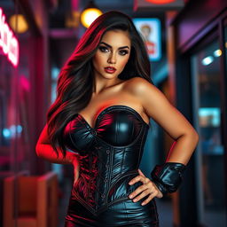 An alluring hot girl in a tight shiny black puffer corset that beautifully enhances her big boobs