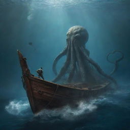 Amend the image to exhibit the Kraken majestically diving back into the deep sea after its encounter with the sailor. The sailor is seen on his boat, watching the creature disappear into the azure depths, leaving a sense of tranquility.