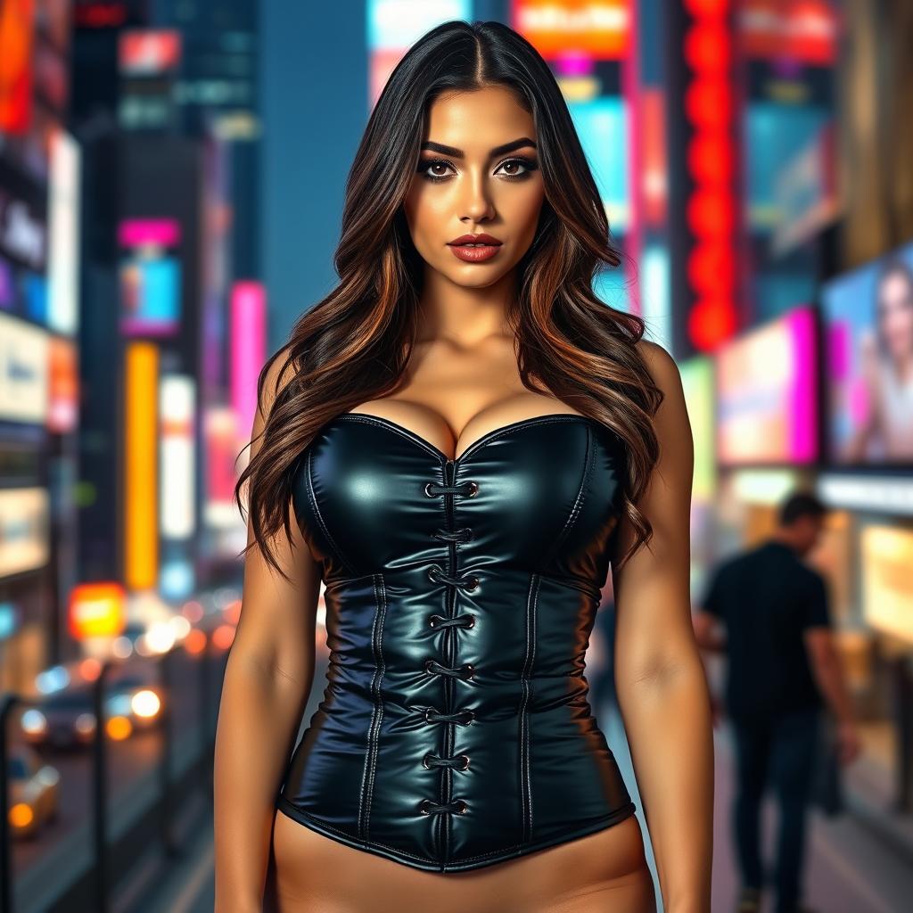 A stunning hot girl in a tight shiny black puffer corset that emphasizes her big boobs