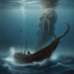 Amend the image to exhibit the Kraken majestically diving back into the deep sea after its encounter with the sailor. The sailor is seen on his boat, watching the creature disappear into the azure depths, leaving a sense of tranquility.