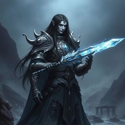 A Shadar-kai character with long black hair wearing an ornate armor that reflects the aesthetics of a paladin who breaks oaths