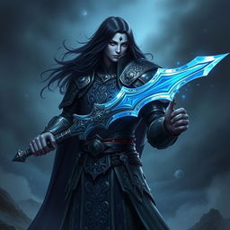 A Shadar-kai character with long black hair wearing an ornate armor that reflects the aesthetics of a paladin who breaks oaths