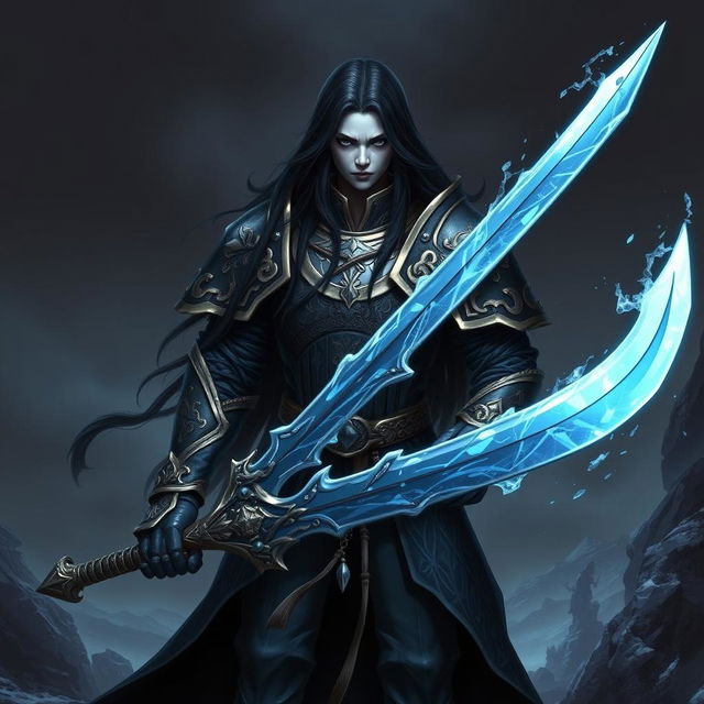 A Shadar-kai character with long black hair wearing an ornate armor that reflects the aesthetics of a paladin who breaks oaths