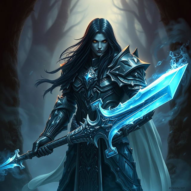 A Shadar-Kai character with long black hair, adorned in a paladin's armor that is both intricate and imposing, symbolizing a break in their oaths