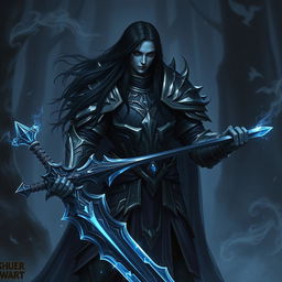 A Shadar-Kai character with long black hair, adorned in a paladin's armor that is both intricate and imposing, symbolizing a break in their oaths