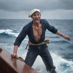 Update the image to depict the sailor in a distressing situation. He's being ambushed by pirates on the open sea, attempting to seize his recently acquired treasure. The mood is one of unease and high tension.