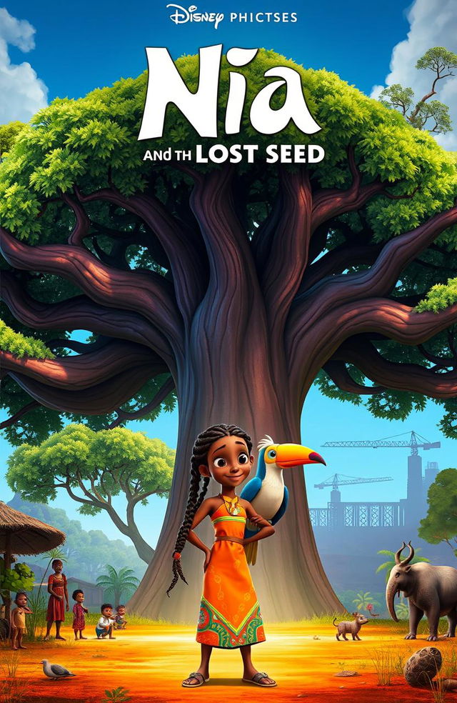 A vibrant and colorful animated movie poster for 'Nia and the Lost Seed'