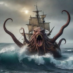 Alter the image to show a thrilling turn of events as the Kraken emerges from the water with a fierce roar, scaring away the pirates, and thus saving the sailor once again, adding a dramatic twist in the storyline.