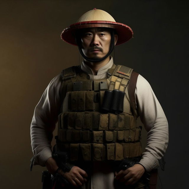 A Hollywood-style kidnapper commander garbed in traditional Chinese attire complemented with a bulky bullet-proof vest, creating a distinctive clash of East meets West.