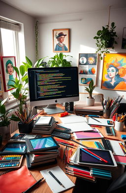 A vibrant and inspiring workspace filled with creative programming tools for a designer and artist