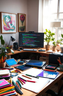 A vibrant and inspiring workspace filled with creative programming tools for a designer and artist