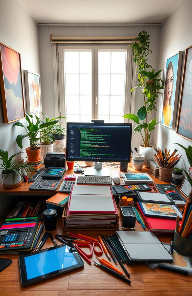 A vibrant and inspiring workspace filled with creative programming tools for a designer and artist