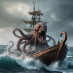 Alter the image to show a thrilling turn of events as the Kraken emerges from the water with a fierce roar, scaring away the pirates, and thus saving the sailor once again, adding a dramatic twist in the storyline.