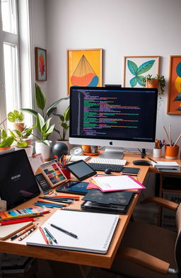A vibrant and inspiring workspace filled with creative programming tools for a designer and artist