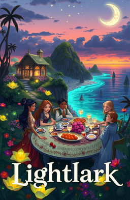 A whimsical and enchanting scene inspired by the book 'Lightlark', featuring a vibrant, magical island setting at dusk